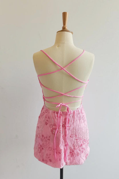 Spaghetti Straps Beaded Fuchsia Mini Dress