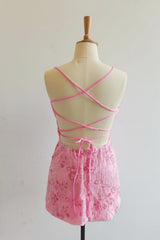 Spaghetti Straps Beaded Pink Mini Dress