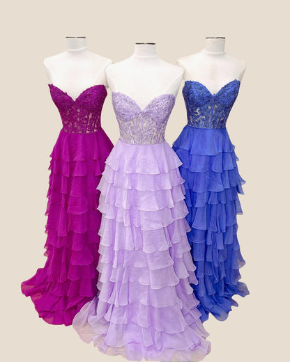Sweetheart Yellow Appliques Tiered Ruffles Dress