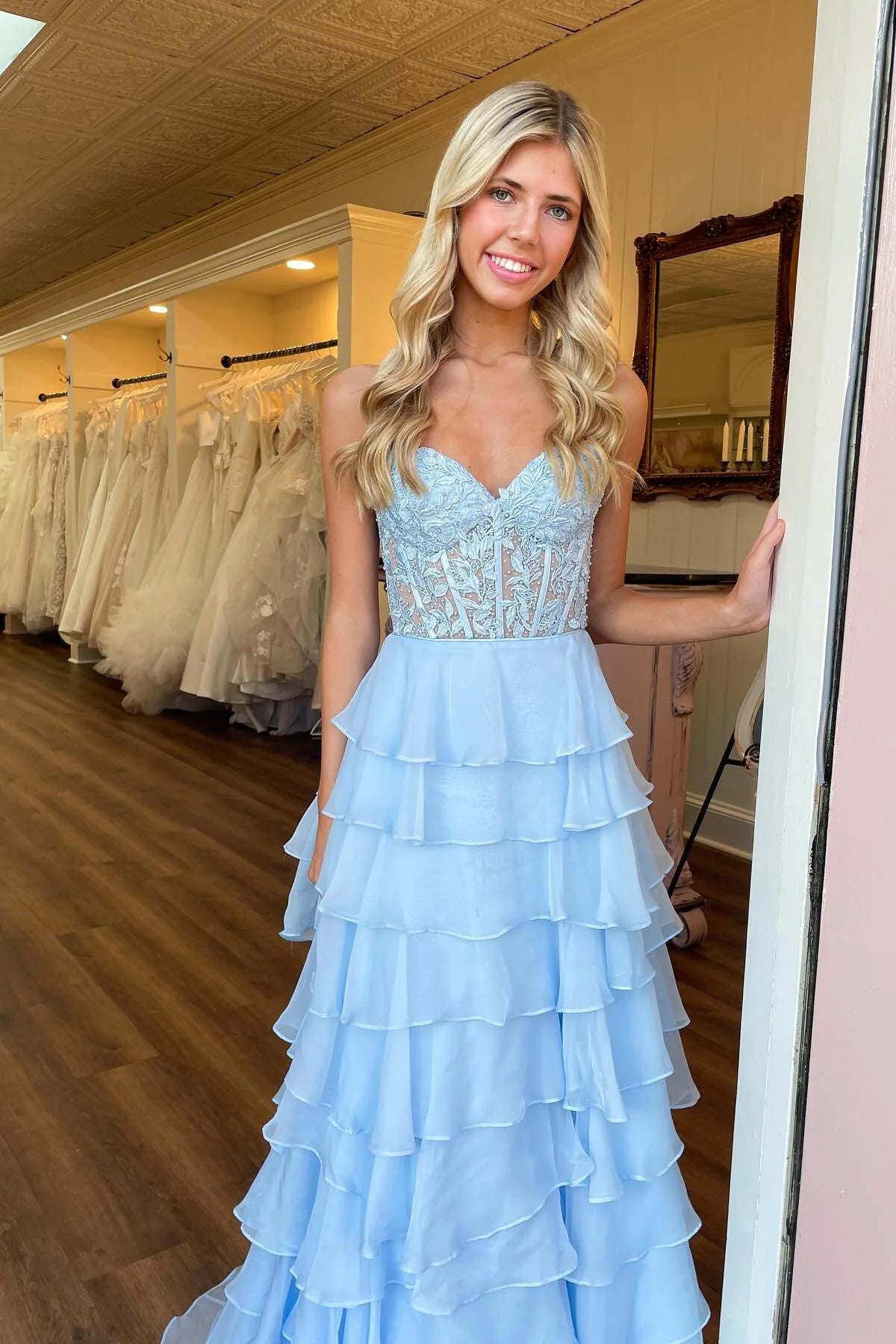 Sweetheart Yellow Appliques Tiered Ruffles Dress