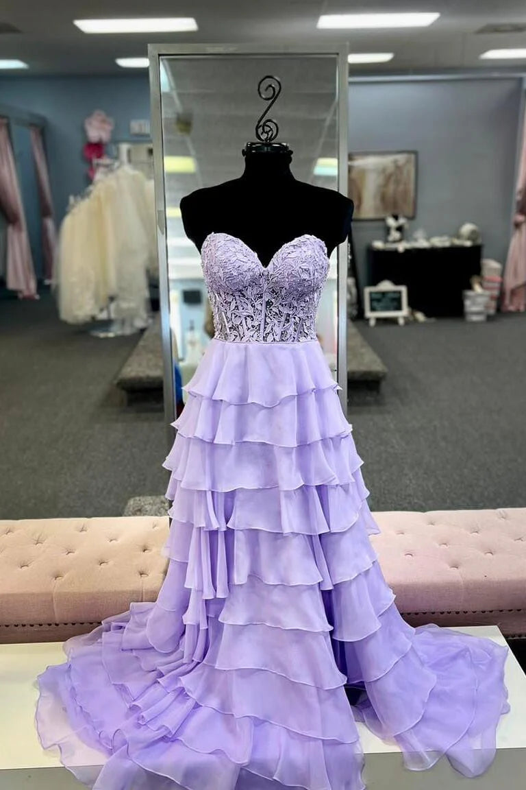 Sweetheart Yellow Appliques Tiered Ruffles Dress