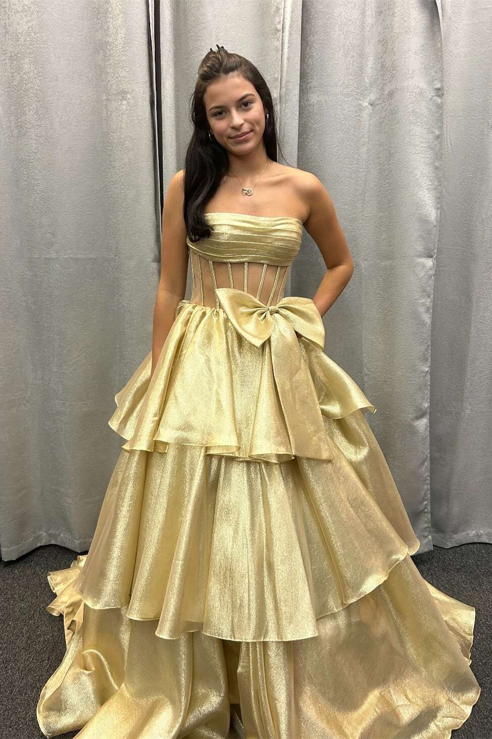 Strapless Blue Tiered Long Dress with bow