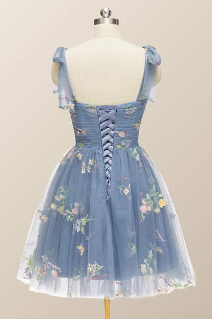 Tie Shoulders Blue Floral A-line Short Dress