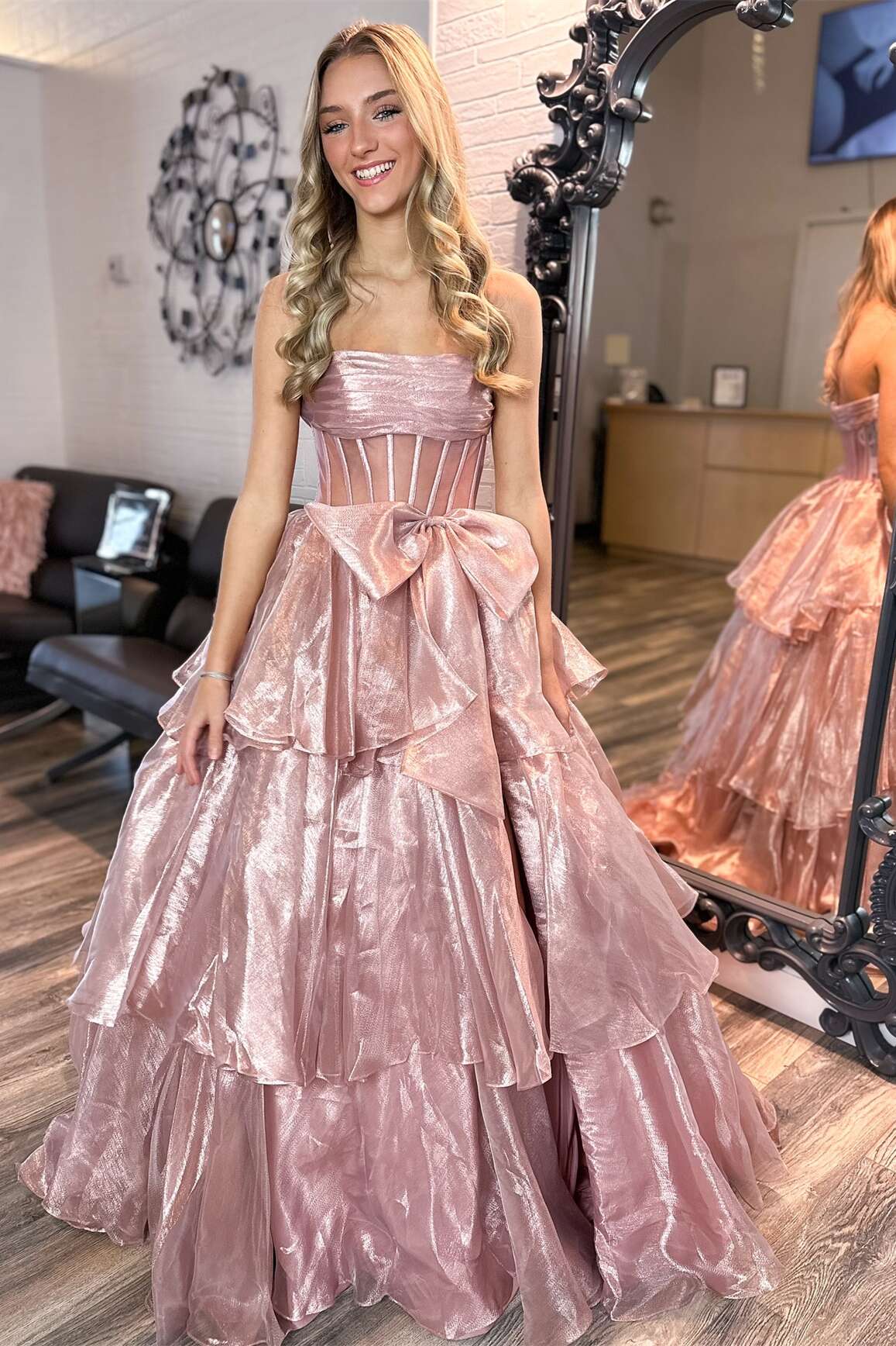 Strapless Blue Tiered Long Dress with bow