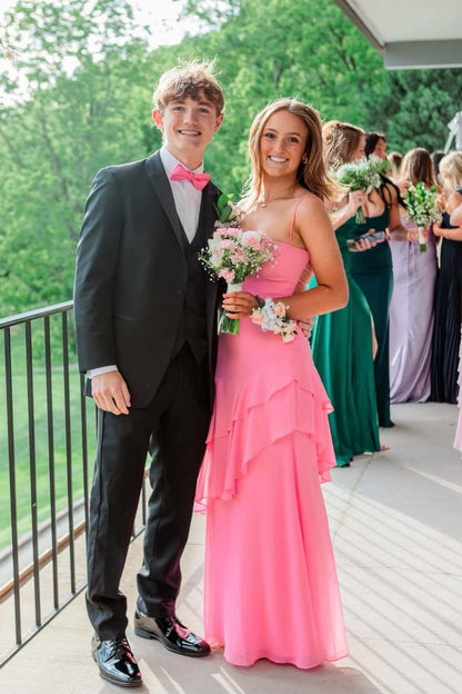 Straps Navy Blue Chiffon Tiered Maxi Dress