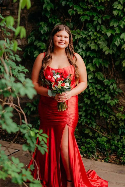 Spaghetti Straps Green Satin Mermaid Prom Dress