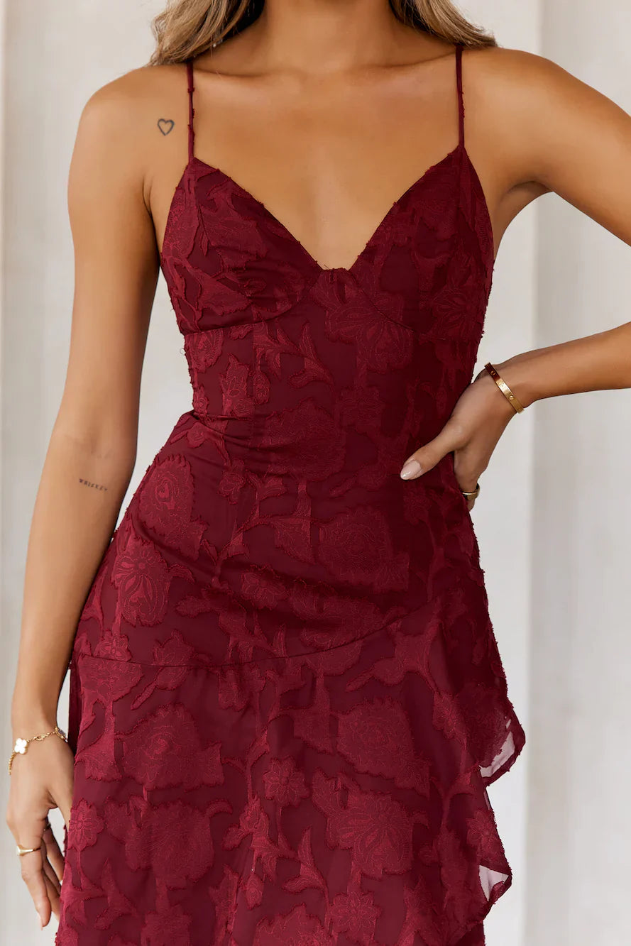 Sapphire Cascade Midi Dress Maroon