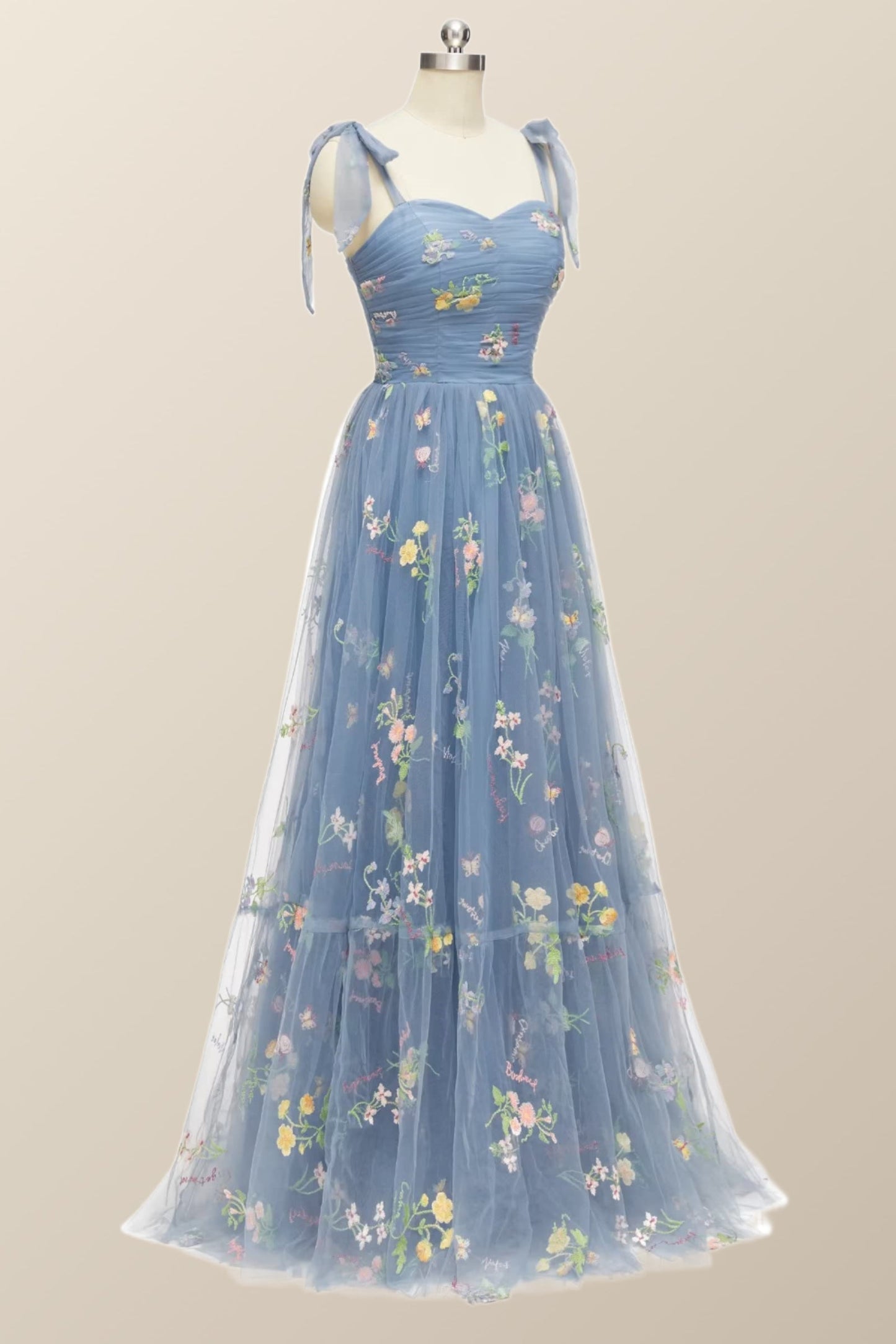 Tie Straps Blue Floral A-line Long Formal Dress