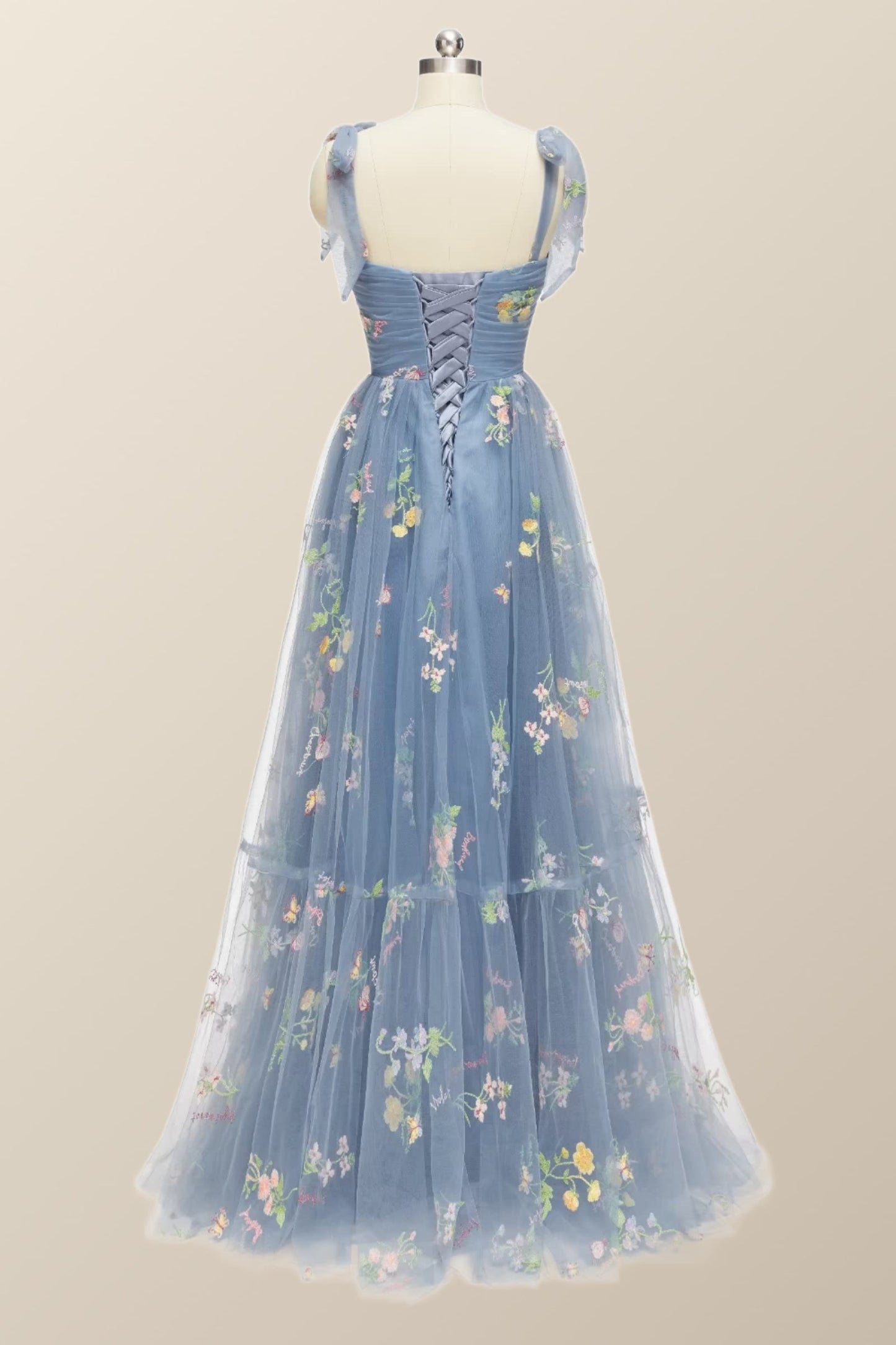 Tie Straps Blue Floral A-line Long Formal Dress
