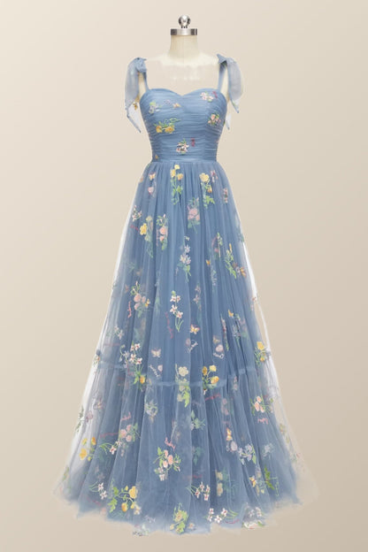 Tie Straps Blue Floral A-line Long Formal Dress