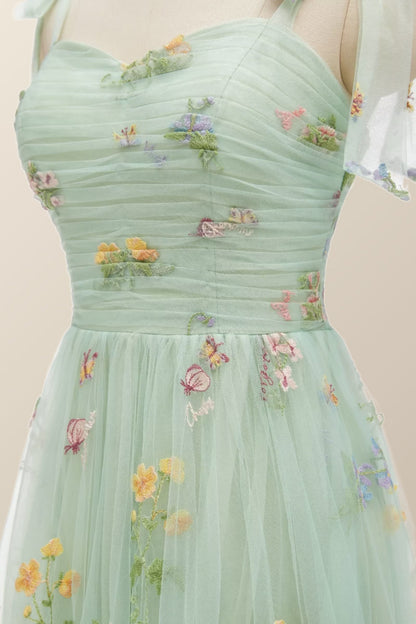 Tie Straps Blue Floral A-line Long Formal Dress