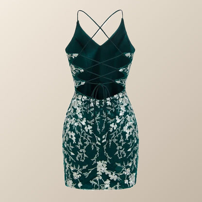 Green and White Floral Tight Mini Dress