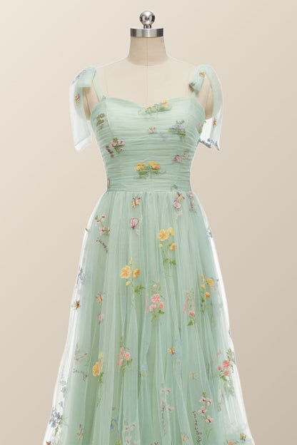 Tie Straps Blue Floral A-line Long Formal Dress
