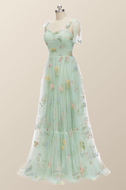Tie Straps Blue Floral A-line Long Formal Dress