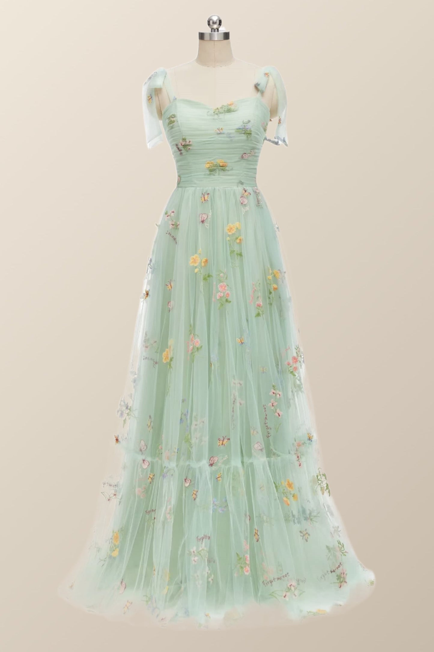 Tie Straps Blue Floral A-line Long Formal Dress