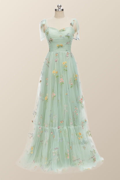 Tie Straps Blue Floral A-line Long Formal Dress
