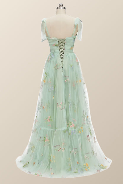 Tie Straps Blue Floral A-line Long Formal Dress