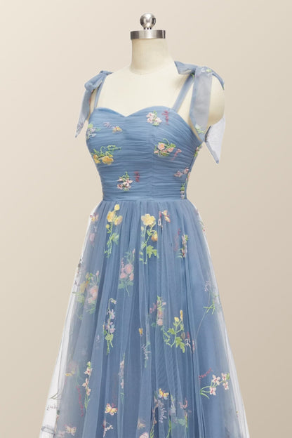 Tie Straps Blue Floral A-line Long Formal Dress