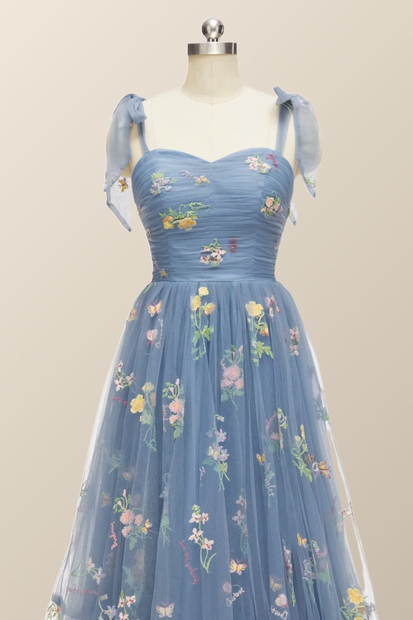 Tie Straps Blue Floral A-line Long Formal Dress