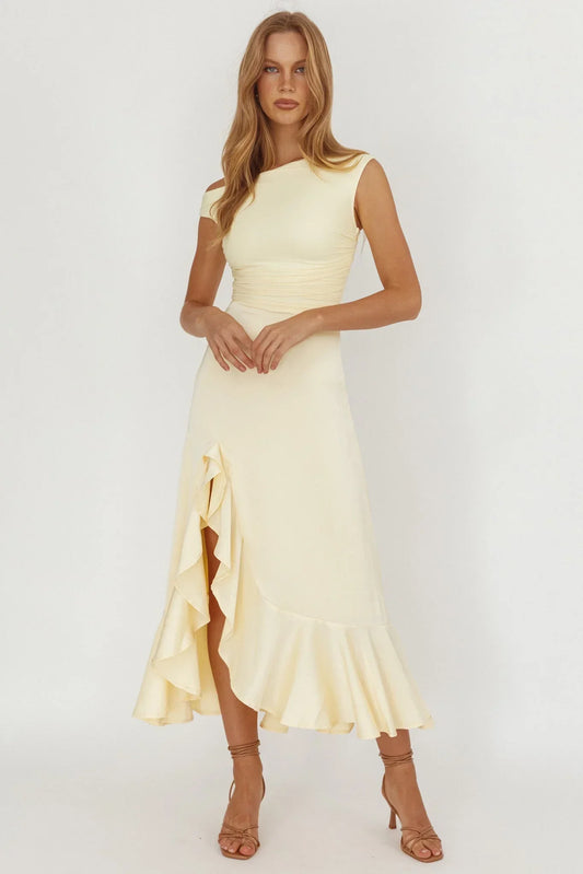 Moonlit Magic Asymmetric Neckline Satin Ruffle Dress Butter