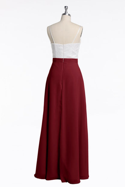 Spaghetti Straps White and Wine Red Chiffon Long Bridesmaid Dress