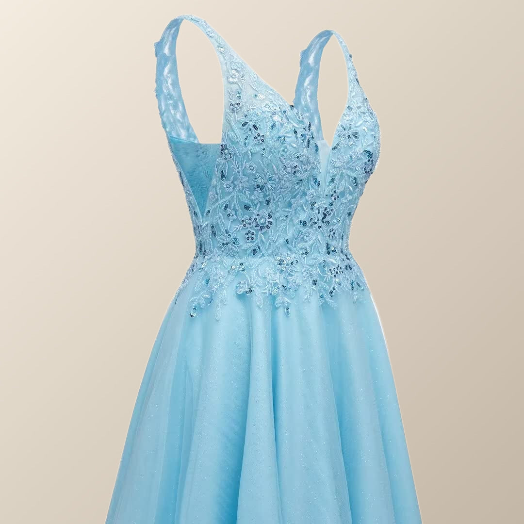 V Neck Blue Appliques Tulle A-line Short Dress