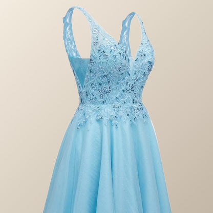 V Neck Blue Appliques Tulle A-line Short Dress