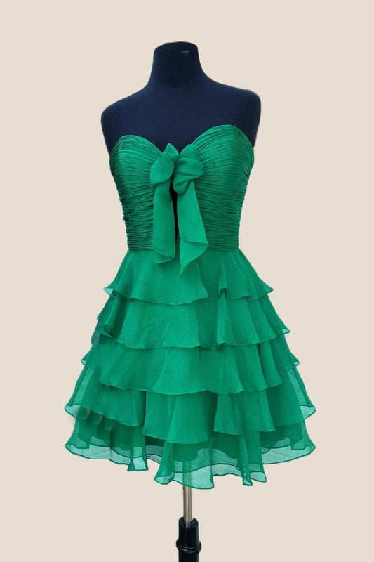 Strapless Hot Pink Chiffon Bow Ruffle Short Dress