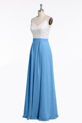 Spaghetti Straps White and Blue Red Chiffon Long Bridesmaid Dress