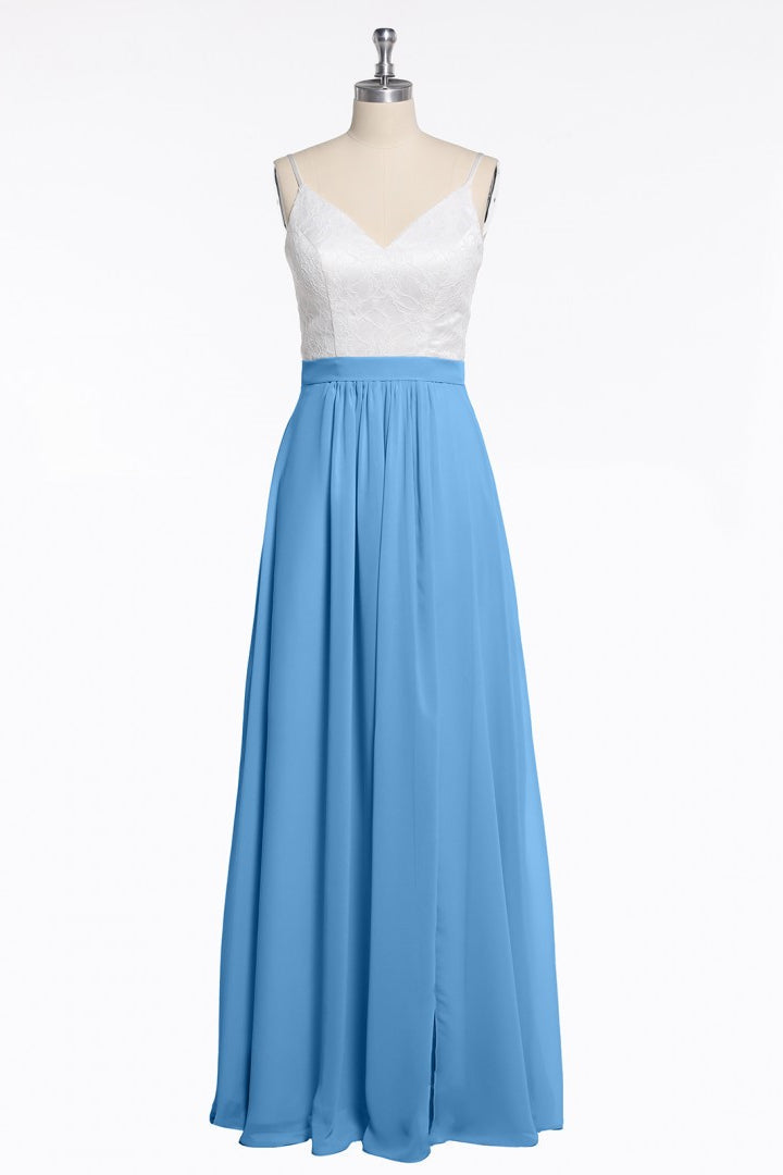 Spaghetti Straps White and Wine Red Chiffon Long Bridesmaid Dress