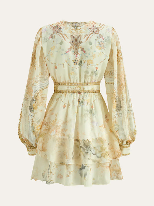 Semi-Sheer Chiffon Floral Printed Ruffled Mini Dress