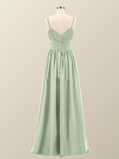 Sage Green Straps Pleated Empire Long Bridesmaid Dress
