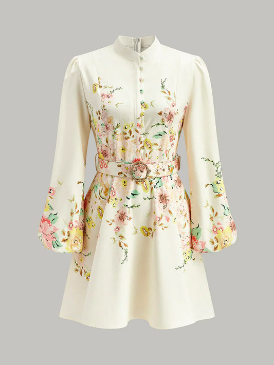 Floral Print Button Detail Dress With Belt