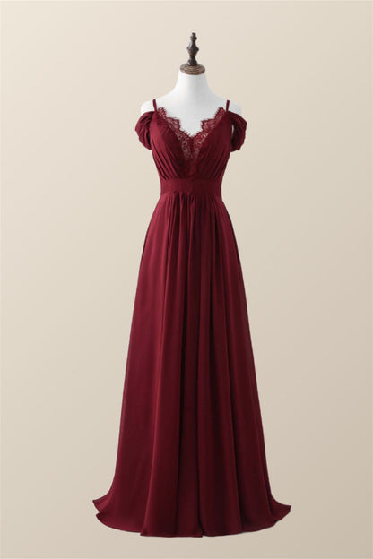 Straps Wine Red Chiffon A-line Long Bridesmaid Dress