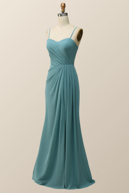 Spaghetti Straps Teal Green Chiffon A-line Long Bridesmaid Dress
