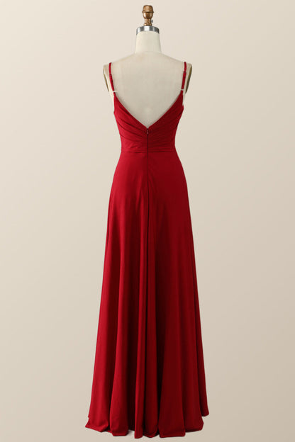Simply Red Pleated Satin Long Bridesmaid Dress
