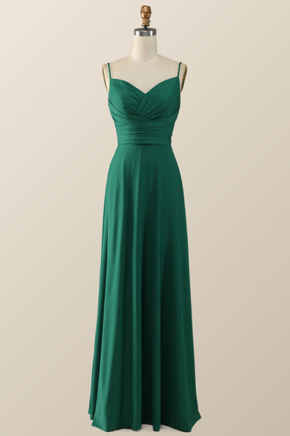 Simply Red Pleated Satin Long Bridesmaid Dress
