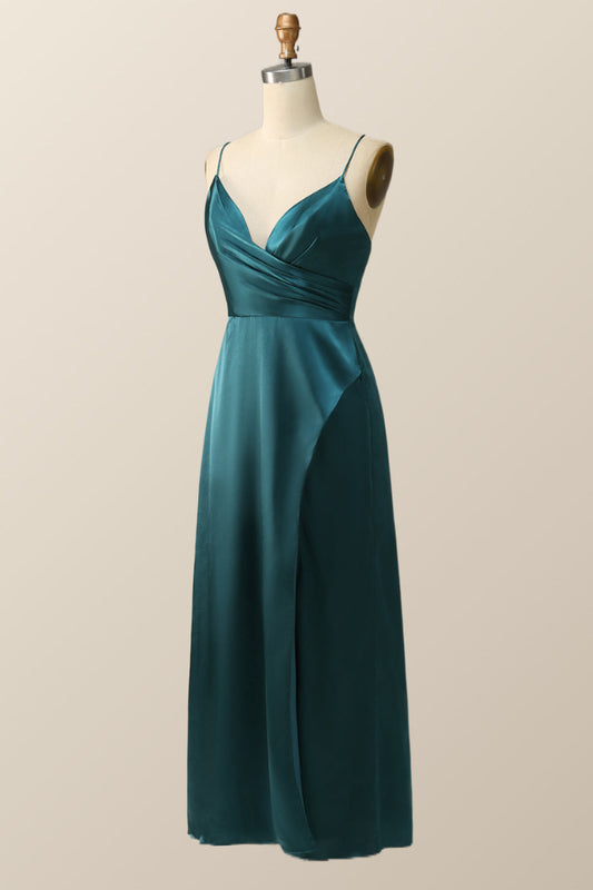 Straps Dark Green Satin Pleated Long Bridesmaid Dress