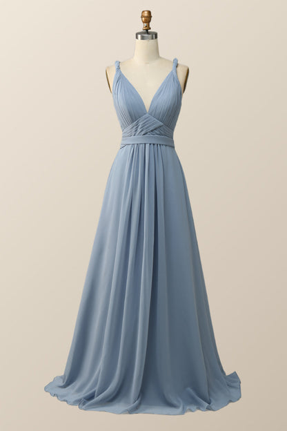Twisted Straps Blue Chiffon A-line Long Bridesmaid Dress