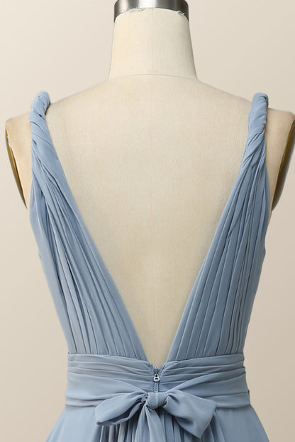 Twisted Straps Blue Chiffon A-line Long Bridesmaid Dress
