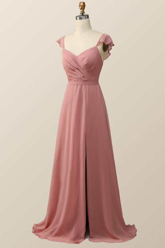 Blush Pink Ruffled Flare Sleeve Chiffon Long Bridesmaid Dress