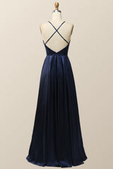 Scoop Navy Blue Halter Long Dress with Keyhole