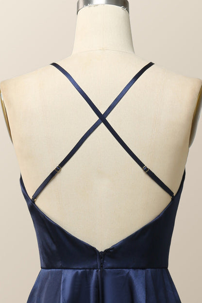 Scoop Navy Blue Halter Long Dress with Keyhole