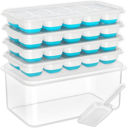 4 Pack Silicone Ice Cube Tray Set with Storage Bin & Scoop