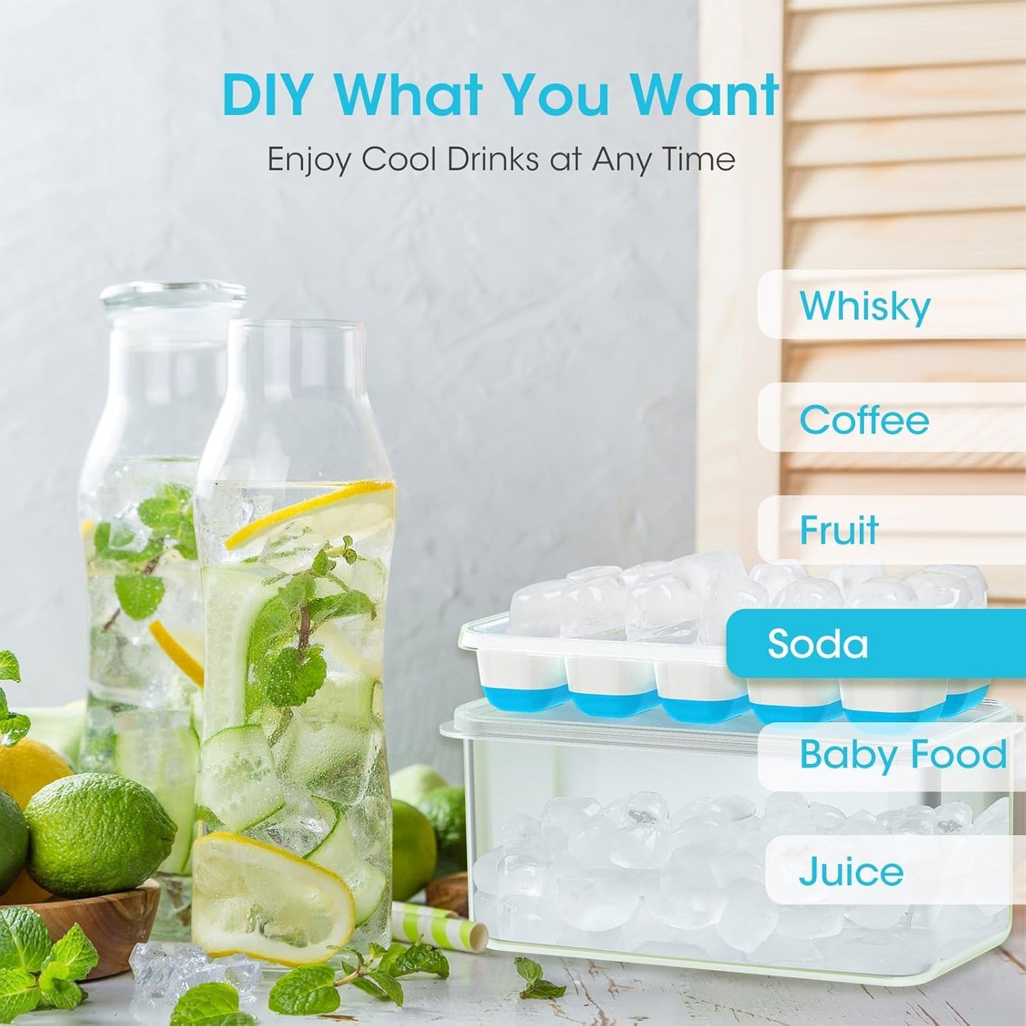 4 Pack Silicone Ice Cube Tray Set with Storage Bin & Scoop