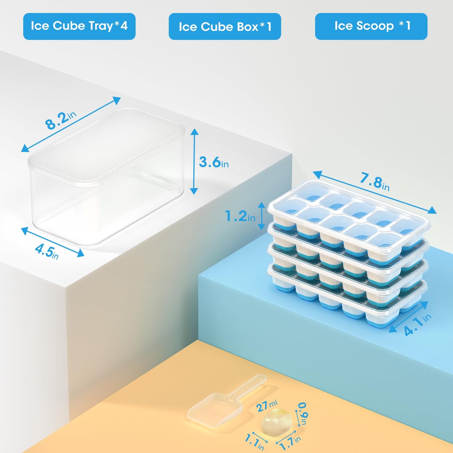 4 Pack Silicone Ice Cube Tray Set with Storage Bin & Scoop