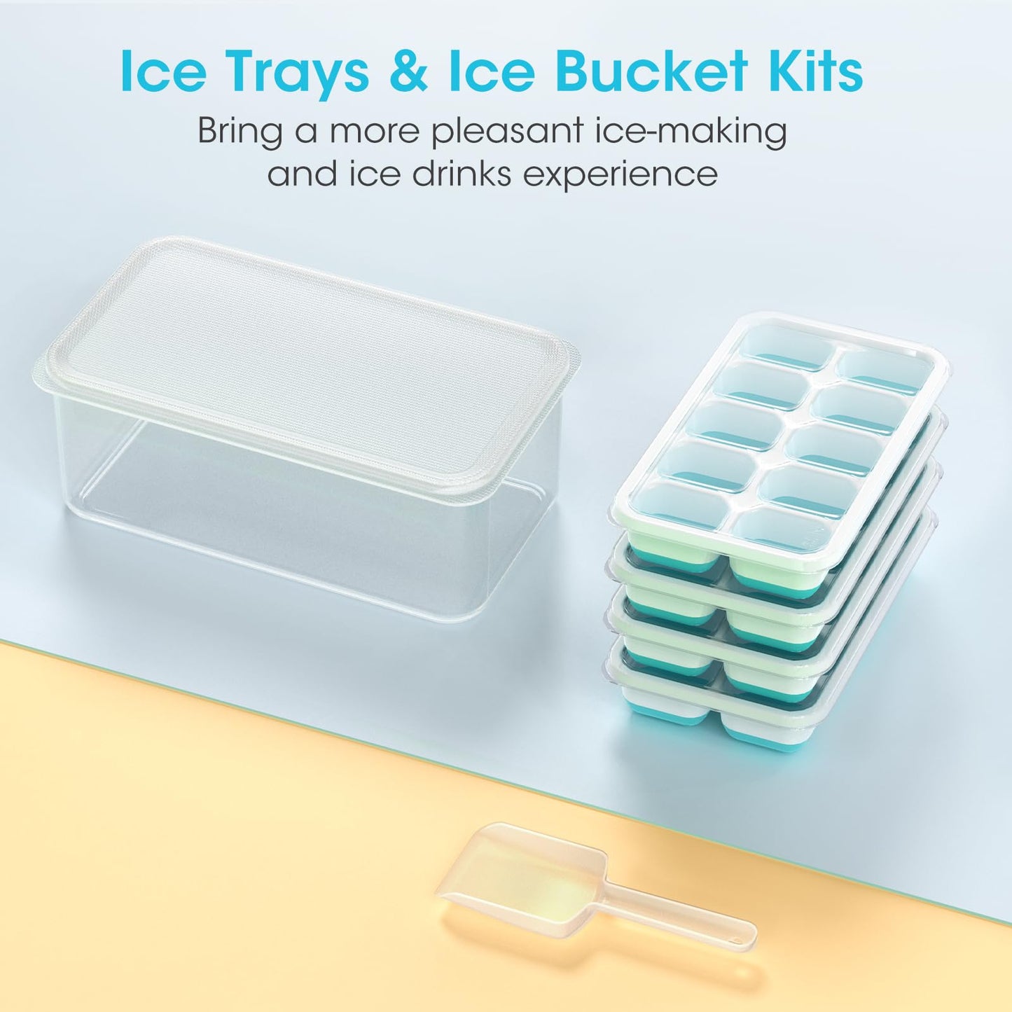 4 Pack Silicone Ice Cube Tray Set with Storage Bin & Scoop