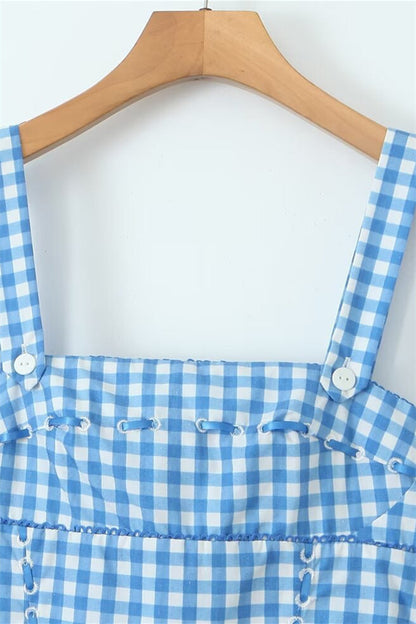 Blue and White Plaid Summer Dress with Pocket