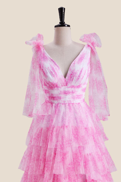 Bow Tie Pink Floral Print Tiered Long Dress