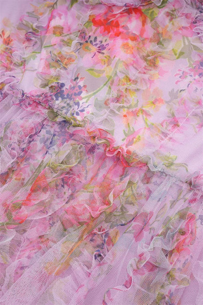 Bow Tie Purple Floral Print A-line Long Dress